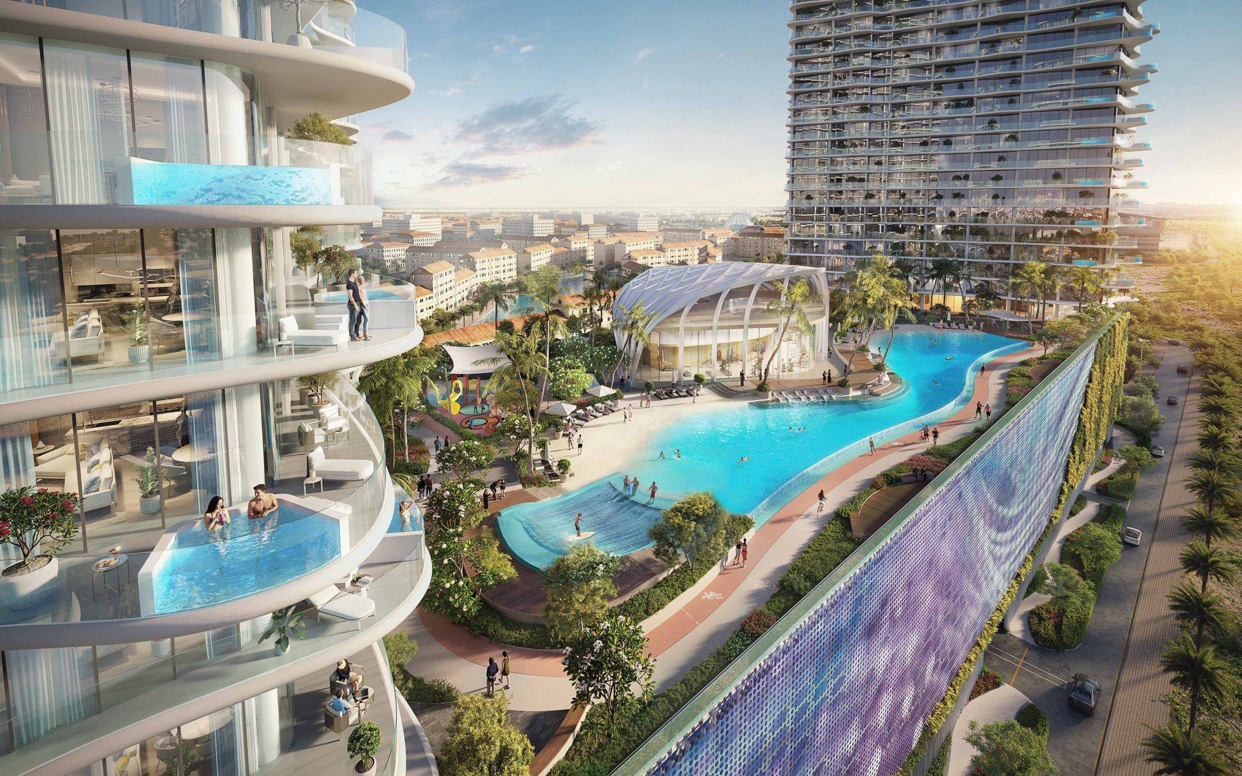 Laguna Residence — podium lagoon amenity deck between the Tiffany and Cyan towers, zones marked